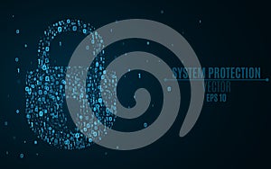 A glowing blue lock from the binary code. High technology in design. The system is under reliable protection. Bright glow. Vector