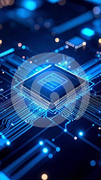 Glowing blue microchip and intricate circuit board representing advanced technology and digital data flow