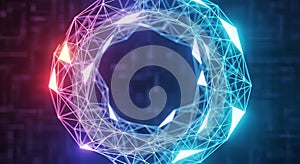 A glowing, blue molecular structure is depicted, consisting of interconnected