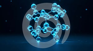 A glowing, blue molecular structure is depicted, consisting of interconnected