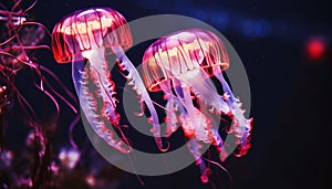 Glowing blue moon jellyfish swim in the translucent underwater beauty generated by AI