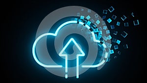 Digital Cloud Computing Uploading Data Concept with Glowing Neon Effect