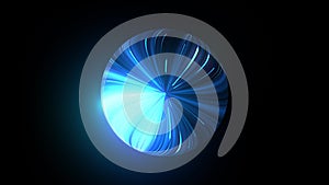 Glowing blue neon light futuristic sphere rotation on black background. 4K 3D rendering seamless loop abstract background.