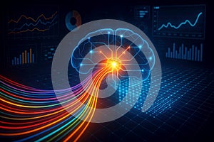 Glowing Blue Neural Network Brain with Vibrant Data Streams and Digital Interface Background artificial intelligence