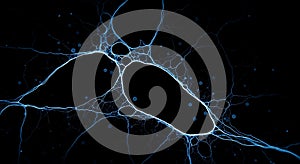 Glowing blue neuron network against a black void