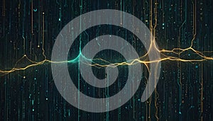 Glowing blue and orange lines of code and data flow through a dark, technological space, forming abstract patterns and