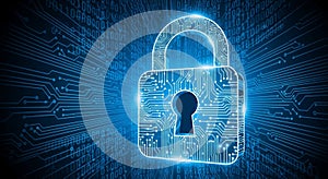 A glowing blue padlock with a circuit board design on a dark background with binary code