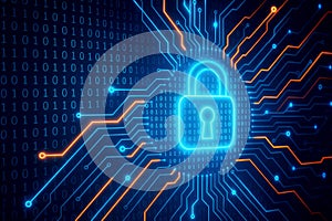 Glowing blue padlock on a digital circuit board with binary code and orange lines technology security