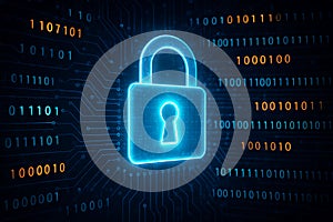 A glowing blue padlock surrounded by binary code on a dark circuit board background