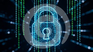 Glowing Blue Padlock Symbol with Falling Binary Code on Dark Background security data