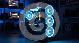 Glowing blue pc case fans illuminated inside a modern gaming computer