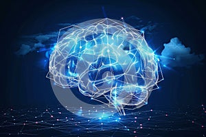 Glowing Blue Polygonal Brain and Network on Dark Background, Artificial Intelligence Concept.