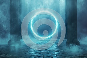 Glowing Blue Portal in Mysterious Ancient Hall