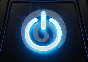 A glowing blue power button symbol is centered on a dark surface. The symbol is