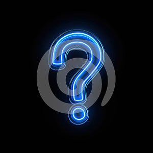 A glowing blue question mark in electric blue neon font on a dark background