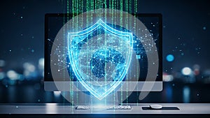Glowing blue shield with binary code overlay on computer screen technology digital