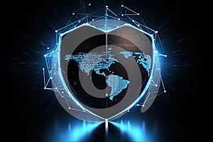 Glowing blue shield with world map on dark background. Security concept. 3D Rendering, Global network security shield on a Black