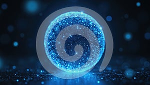 Glowing blue sphere representing advanced AI and quantum computing technology. Futuristic abstract visualization of cosmic