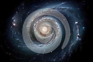 Glowing blue spiral galaxy in deep space. Generative AI