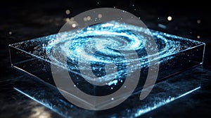 A Glowing Blue Spiral Within a Glass Cube