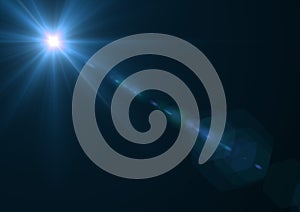 Glowing blue spot of light and light trails over blue background