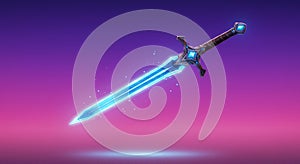 A glowing, blue sword floats against a gradient backdrop of pink and purple. The sw photo