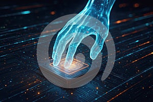 Glowing blue hand interacting with a computer processor chip on a circuit board technology artificial intelligence