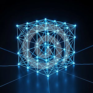 A glowing blue wireframe cube composed of interconnected nodes is set against a