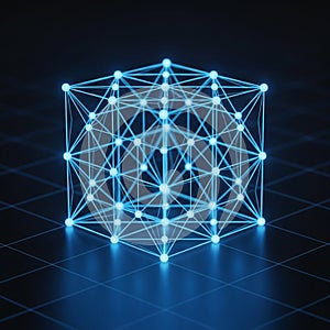 A glowing blue wireframe cube composed of interconnected points and lines is set