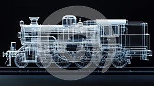 Glowing blueprint of old steam locomotive engine visualization on black background