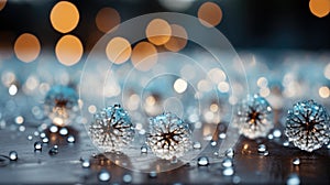 Glowing bokeh on a blue dark background, bestiary and snowflake crystals in the foreground