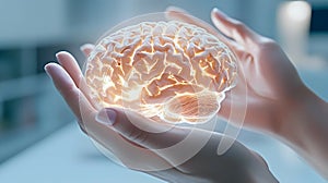 Glowing Brain Held by Hands in a Creative Representation