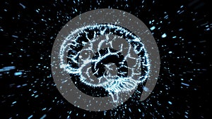 Glowing brain illustration being fromed from particle explosion with motion blur