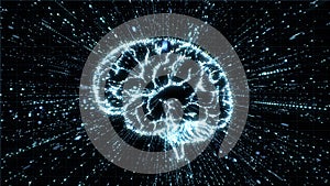Glowing brain illustration being fromed from particle explosion with motion blur