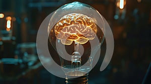 A glowing brain inside a light bulb symbolizes intellectual energy and creative thinking