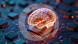Glowing brain rests on processor. Futuristic concept of human intelligence merging with machine learning. Data processing,