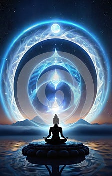 Glowing buddha silhouette in yoga lotus pose practicing meditation in lotus position in sky in magic holographic bal