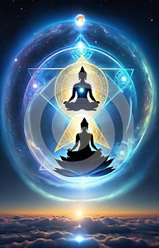 Glowing buddha silhouette in yoga lotus pose practicing meditation in lotus position in sky in magic holographic bal