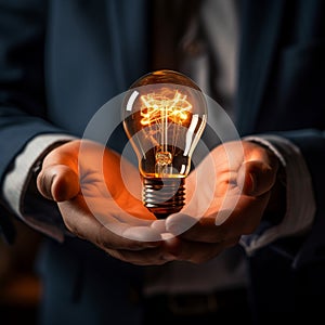 Glowing bulb in CEOs hand signifies business acumen and ingenuity