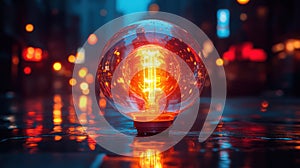Glowing Bulb in City Rain