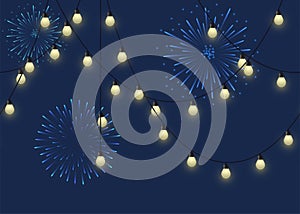 Glowing bulb garland with fireworks, decorative light garland and salute on dark background, footer and banner lamps