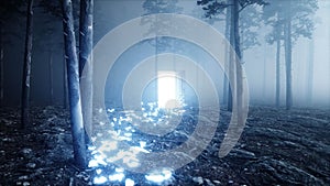 Glowing butterflies in fog night forest. Light portal door. Mistic and magic concept.3d render.