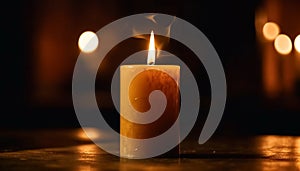 Glowing candle brings peaceful warmth on winter night generated by AI