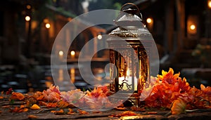 Glowing candle illuminates autumn night, symbol of spirituality and celebration generated by AI