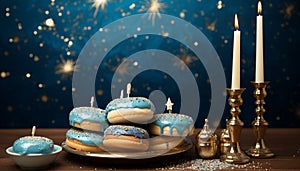 Glowing candle illuminates birthday dessert on blue party table generated by AI