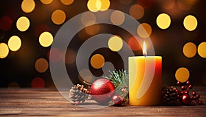 Glowing candle illuminates Christmas tree, creating festive decoration generated by AI