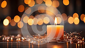 Glowing candle illuminates dark night, symbolizing spirituality and celebration generated by AI