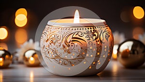 Glowing candle illuminates dark room, symbolizing spirituality and celebration generated by AI
