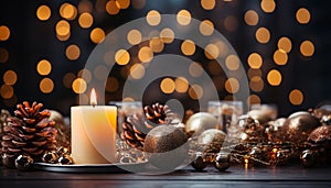 Glowing candle illuminates dark winter night, celebrating Christmas season generated by AI