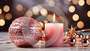 Glowing candle illuminates dark winter night, celebrating Christmas spirit generated by AI